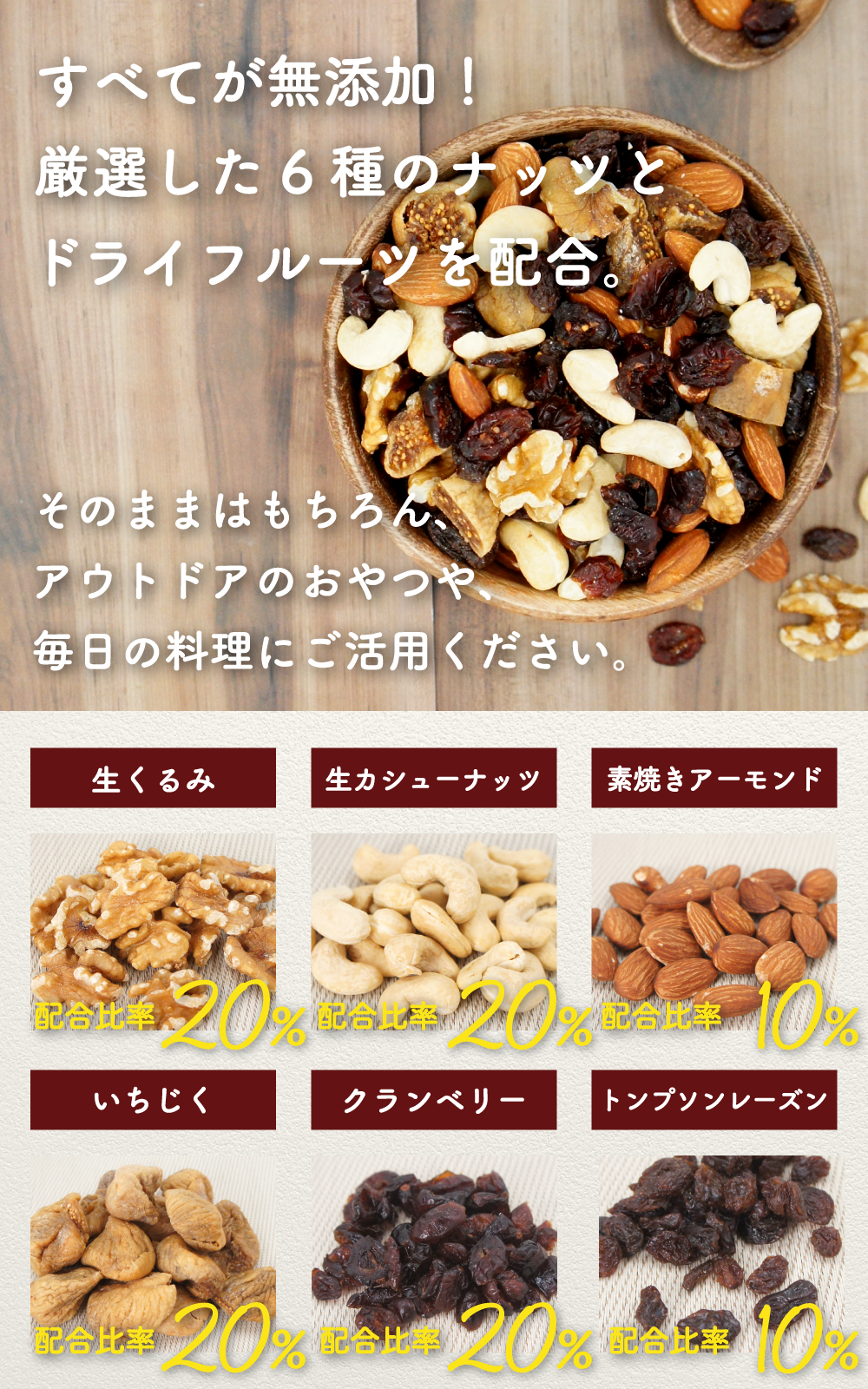 【無添加・無塩・砂糖不使用】 6種のトレイルミックス